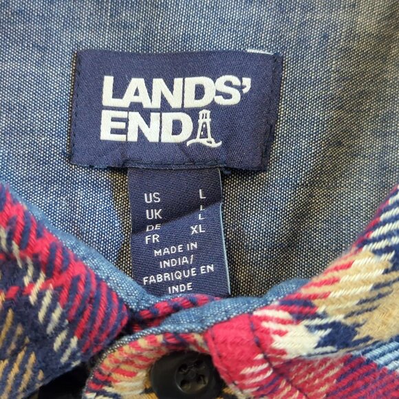 Lands End Plaid Blue Red Work Plaid Shirt size Large Heavy Button Front - Picture 6 of 15